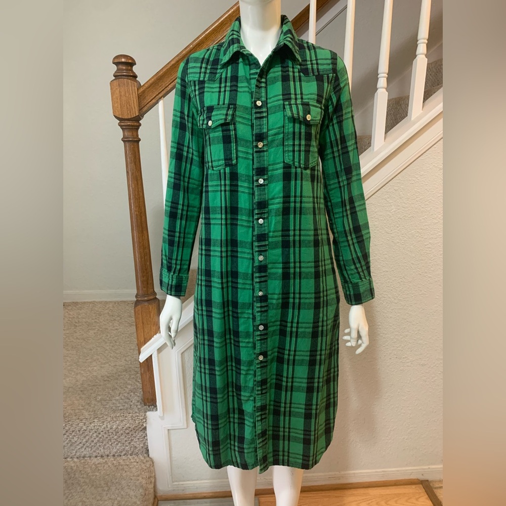Farm Rio 100% Cotton Green Plaid Shirt Dress Size Small